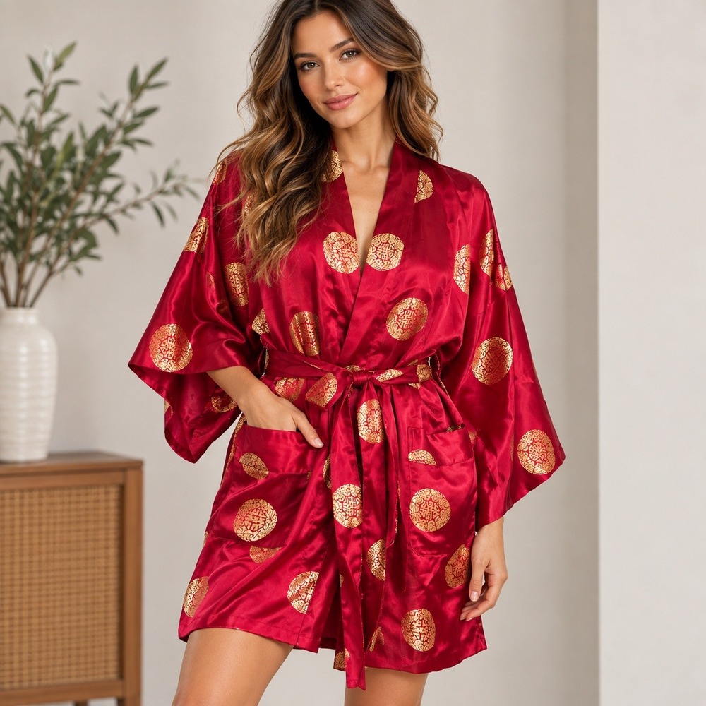 Solz Squirrel Robe Kimono Red Gold Medallion Satin Asian Vintage Glam 80s/90s L